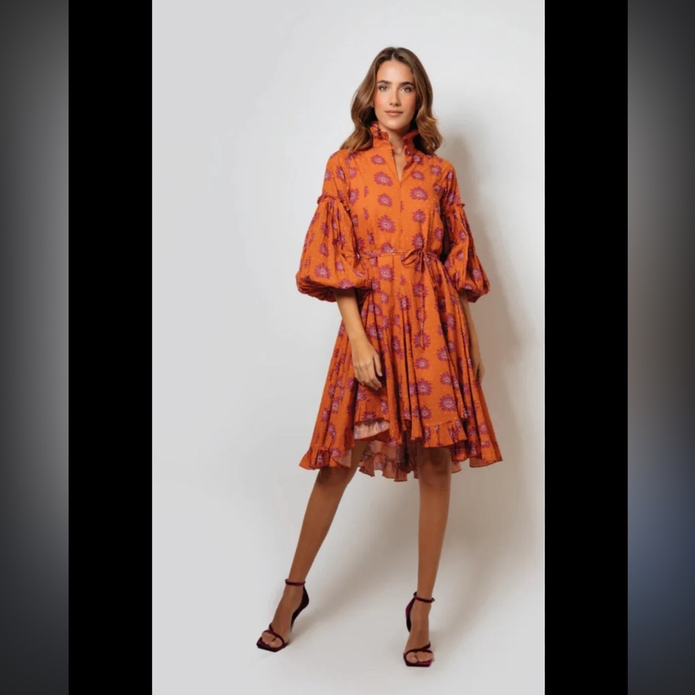 Orange High Low Pleated Sundress with Bishop Sleeves